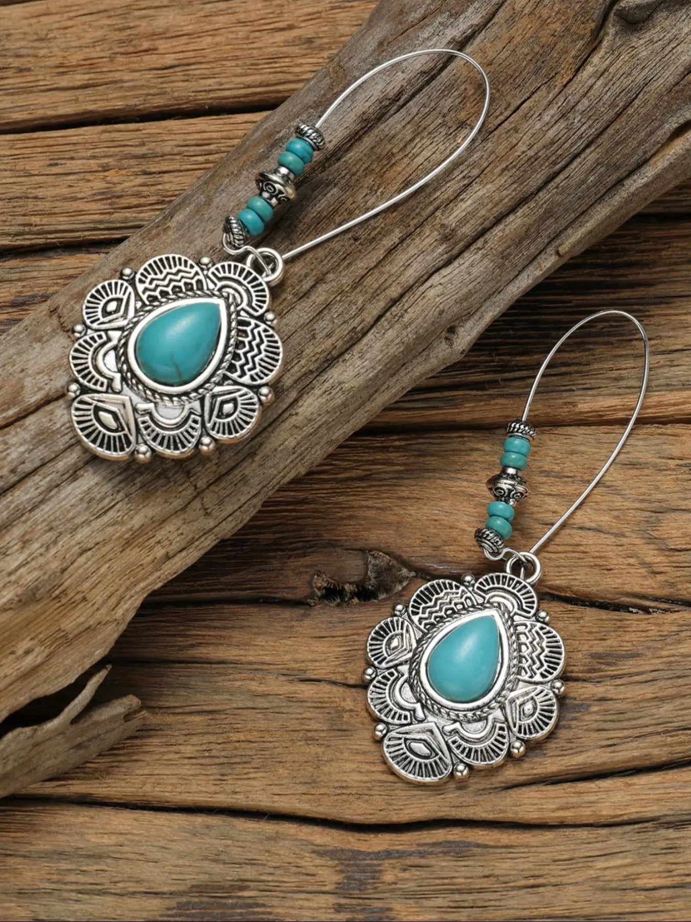 Boho Style Turquoise Texture Decor Dangle Earrings, Bohemian Flair Vintage Style Dangle Earrings for Women & Girls, Fashion Jewelry for Party, Daily Decor, Trendy All-match & Exquisite Jewelry for Birthday Gift, High Quality Earrings, Bohemian Accessory