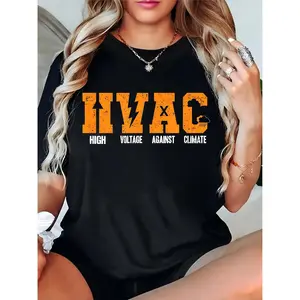Women's Black HVAC Graphic T - Shirt with Weather Icons, Retro Orange Text & "High Voltage Against Climate" Slogan, Casual Daily Outfit for HVAC Enthusiasts & Fashion Lovers