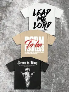 Men's Jesus Is King Casual Letters Print Round Neck Tee, Regular Fit Casual Short Sleeve Crew Neck T-shirt for Daily Wear, Men's Top for Summer, Tropical, Casual Menswear