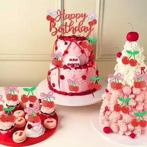 LaVenty cake shed cake topper gender reveal13 PCS Cherry Cake Topper Happy Birthday Decorations Red Cherry Theme Cupcake Toppers for Coquette Baby Birthday Bridal Shower Bachelorette Party Decor