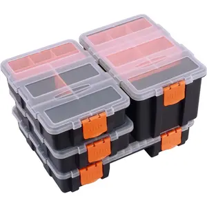 4 Piece Set Toolbox Hardware & Parts Organizers, Versatile and Durable Storage, Customizable Removable Plastic Dividers, storage and carry, Black/Orange