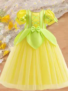 Kids' Patchwork Embroidered Bow Decor  Party Dress, Elegant Puff Sleeve High Waist Fit & Flare Dress for Party, Kids Clothes for All Seasons