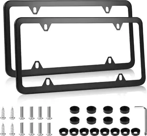 License Plate Frames Black, 2Pcs 4 Holes License Plate Holders, Stainless Steel License Plate Frame, Car License Plate Covers for US Vehicles