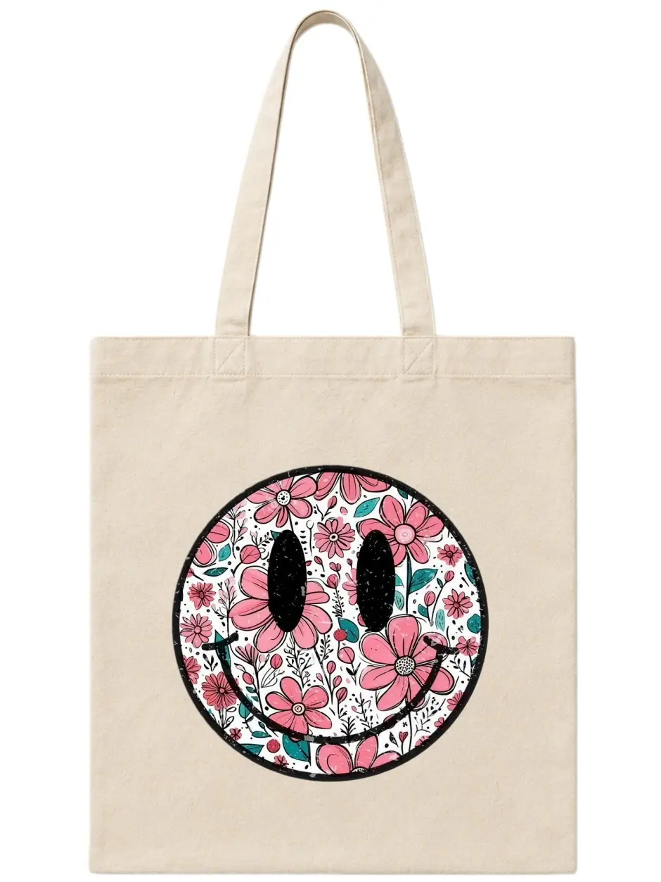 Floral Smiley Face Canvas Tote Bag, Cute Reusable Shoulder Shopper, Aesthetic Casual Book Bag for Women, Lightweight Everyday Carryall Purse Gift Idea