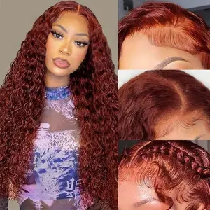 13x6 Water Wave Reddish Brown Lace Front Wigs Human Hair Pre Plucked 250 Density HD Transparent Frontal Wigs Human Hair With Baby Hair Wet And Wavy