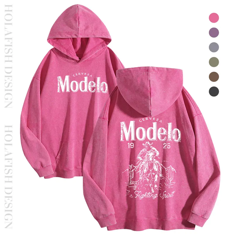 Women's Holafish Retro Acid Wash Cotton-Polyester Hoodie Top - Everyday Tops for Women, Round Neck, Kangaroo Pocket, Ribbed Cuffs, Modelo Pattern, Soft Thin Long-Sleeve Pullover, Cozy Fall Streetwear, Plus Size Vintage Piece