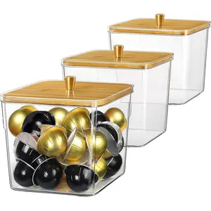 3 Pack Acrylic Coffee Pods Organizer Containers Clear Storage Bins with Bamboo Lid, Large Capacity 125 OZ Plastic Jars with Lids for K-Cups Pods, Laundry Pods, Dishwash Pods, Candy