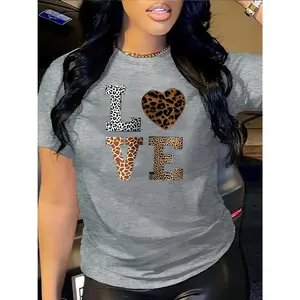 Women's shirts Lady tshirt Women's Casual LOVE Pattern Leopard Heart Design T-Shirt - Elastic Round Neck Short Sleeve Top Machine Washable All-Season Comfortable Style Non-Transparent Fabric