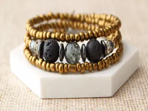 Gold Wrap Bracelet with Black Lava Beads, Beaded Diffuser Bracelet, Lava Bead Bracelet, Lava Stone Bracelet, One size Fits Most.