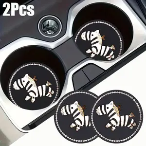 2Pcs Bling Zebra Car Cup Coasters - Diamond Decor Auto Anti-Spill Mats for Cup Holders