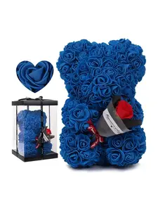 Handmade Eternal Rose Bear Gift Box Set, Multicolor Artificial Flowers, Acrylic Box, Mother's Day Valentine's Day Wedding Party Decor