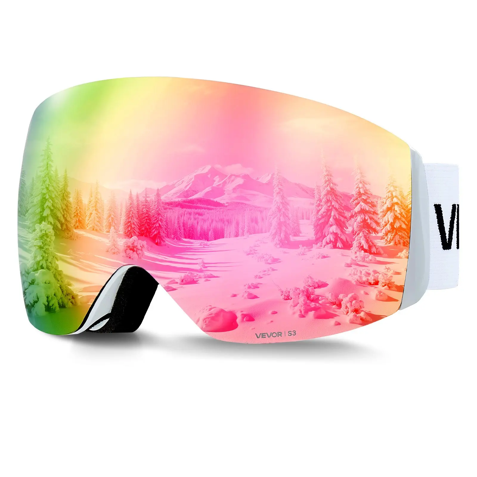 VEVOR Frameless OTG Snow Goggles, Spherical Pink Revo Coating Lens, Anti-Fog TPU Frame with Ventilation Structure, for Men, Suitable for Skiing, Snowboarding, Otg Goggles