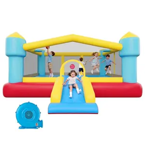 VEVOR Inflatable Bounce House, 14.7x 13.8x 6.8 ft Jumping Bouncy Castle, Inflatable Jumper for Kids with Slide, Basketball Hoop, Target Game Jumping Area, Jumpings House Holds 3-4 Kids (Ages 3-8)