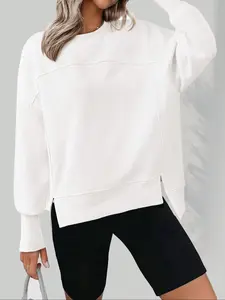 Women's Spring & Fall Casual Fashion Long Sleeve Round Neck Pullover, Side Slit Solid Color Sporty Top, Essential Home Wear