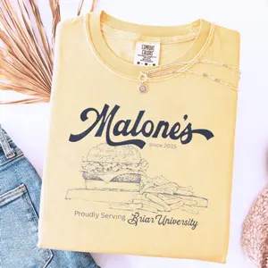 Comfort Colors Mal0ne's Diner Shirt, Vintage Retro Burger Restaurant T Shirt, Briarr University Graphic Tee, Cheeseburger Sketch Restaurant Fan Lover Top, Unisex Fitted Short Sleeve Tee, Classic Streetwear
