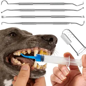 Pet Dog Tooth Cleaning Tool Set, Stainless Steel Tartar Remover Picks Scraper, Curved Needle Syringe Cleaner, Silicone Finger Brush