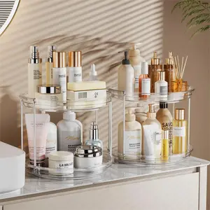 2-Tier Rotating Makeup Organizer, Lazy Susan Perfume Organizer Bathroom Organizer, Spinning Skincare Organizer, Cosmetic Display Case with Brush Holder Perfume Tray, Multi-Function Storage Carousel for Vanity Bathroom Countertop