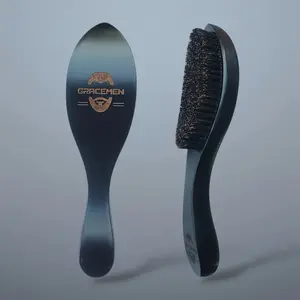 Gracemen 360 Wave Brush Curved Wooden Handle Hair Beard Brush Medium Stiffness Nylon + Boar Bristles for Men