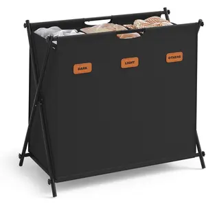 Laundry Hamper, Laundry Basket, 35.7 Gal. Laundry Sorter 3 Sections, Collapsible X-Frame, Clothes Organizer with Customizable Labels, Laundry Room, Bedroom, Bathroom, Ink Black ULCB130B01