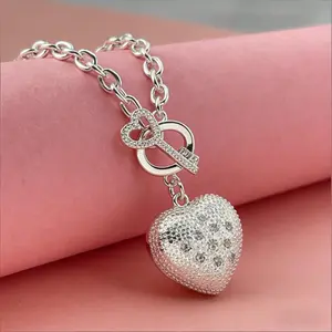 S925 Sterling Silver Plated Iced Out CZ Puffed Heart Charm Bracelet for Women, one Heart Toggle Clasp Link Chain, Hypoallergenic Dainty Y2K Aesthetic Jewelry, Trendy Daily Wear Valentine's Day Birthday Anniversary Gift for Her