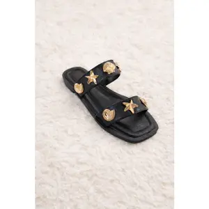 Black Gold Seashell Charm Double Strap Sandals