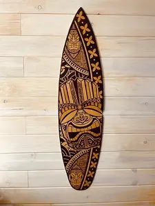 Surfin Tiki Tides Decor Hanging Wood Hangable 48"x13 Wood Burned Tea Coffee Stained Tiki Culture Surf Vibes Unique Wooden Ornaments Decoration