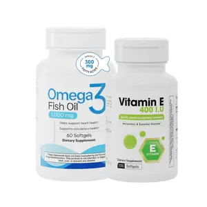 Omega-3 Fish Oil 1000 mg & Vitamin E 400 IU Bundle for Skin Hydration Protection and Radiance Anti-Aging Supplements, Natural, Dietary