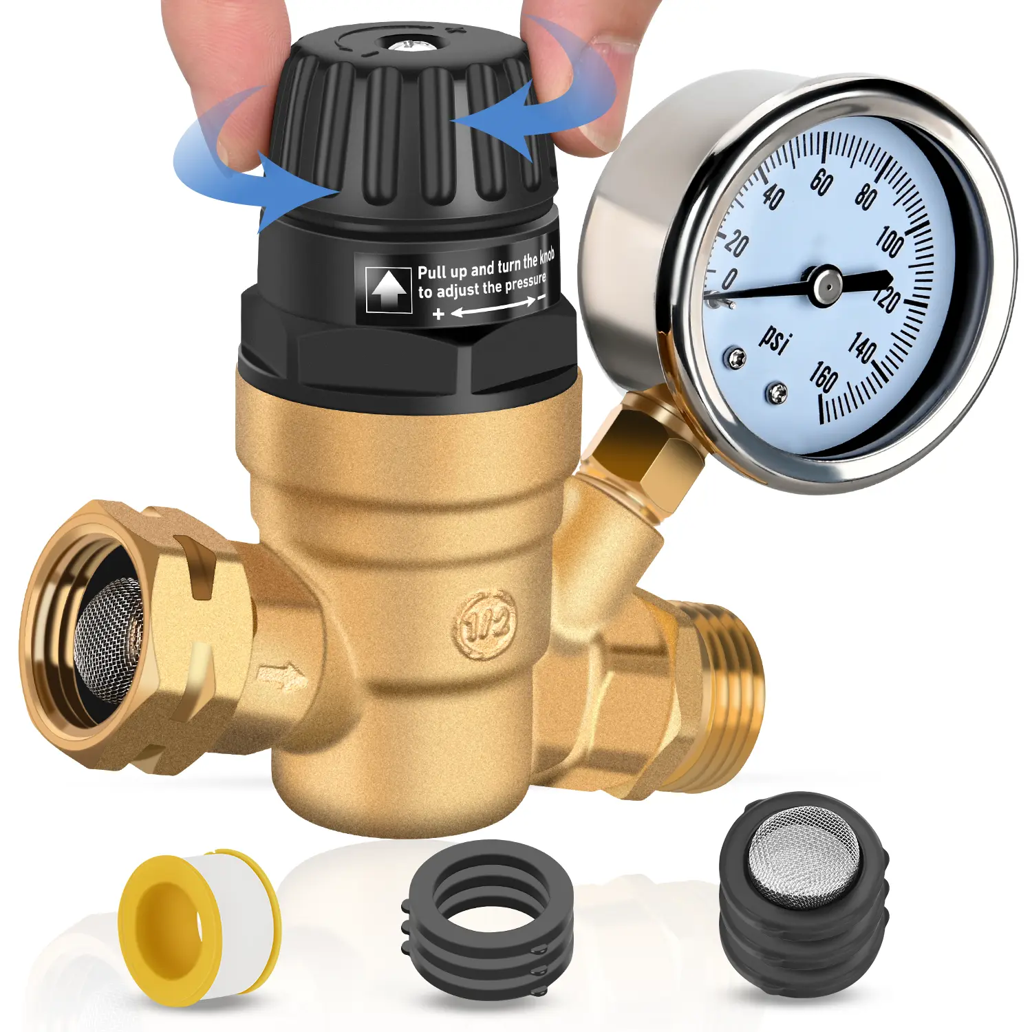 Nilight Lead-Free Brass RV Water Pressure Regulator - 45psi Pre-Set, 0-160psi Reducer Valve with Twist Handle Instant Adjust, Gauge, 3/4" Hose Female Inlet Screen Filter, Female-Male Hose Fittings for RV Camper Travel Trailer (Fits Most US Water Systems),