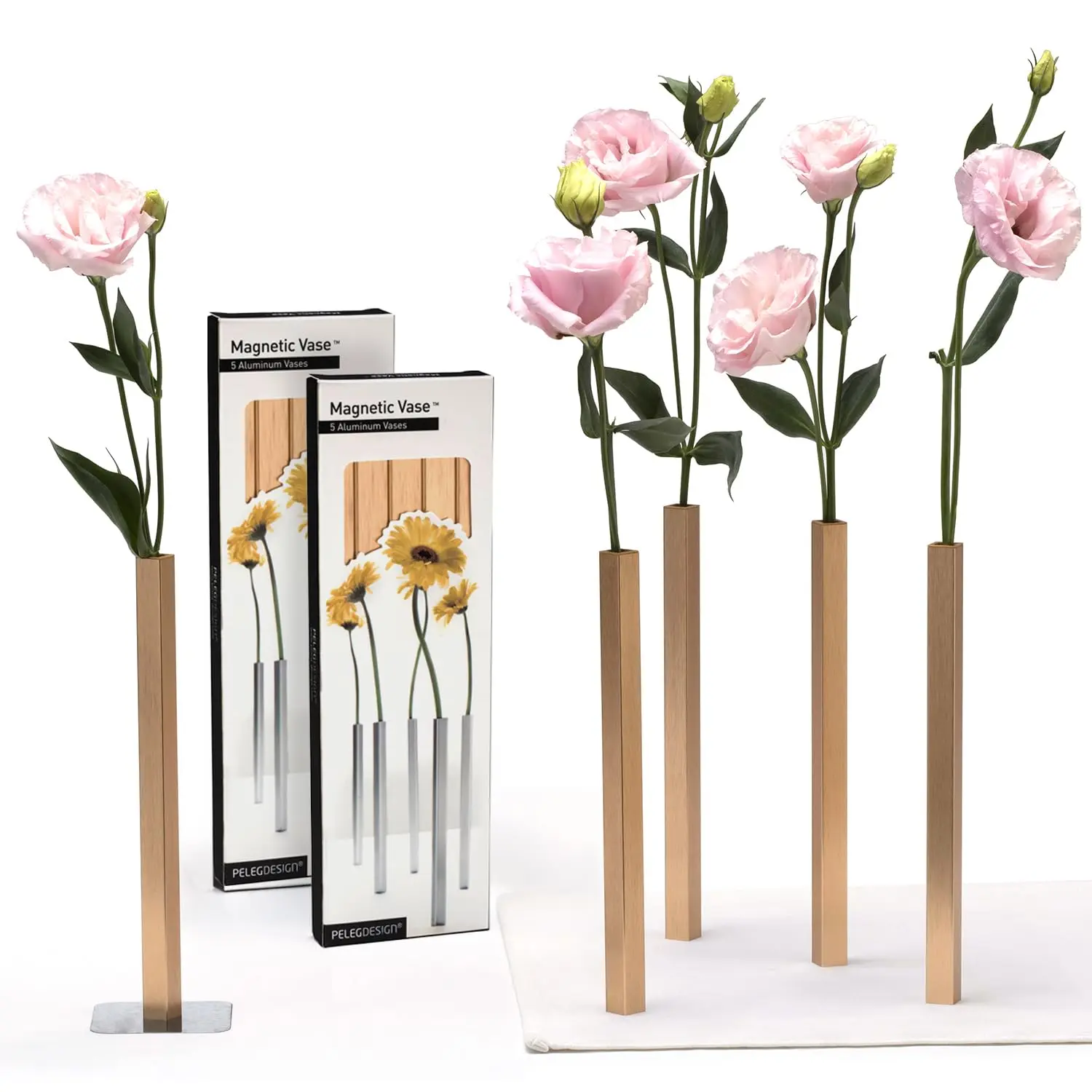 PELEG DESIGN Magnetic Flower Vase - Unique and Modern Set of 5 Silver Aluminum Vases for Home Garden Decor