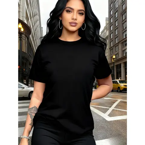 Women's Short Sleeve T-Shirt 100% Cotton Black Basic Solid Tee 10 Colors Available Stylish Versatile Casual Daily Wear Layering Trendy Fashion Top for Ladies