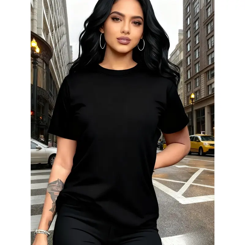 Women's Short Sleeve T-Shirt 100% Cotton Black Basic Solid Tee 10 Colors Available Stylish Versatile Casual Daily Wear Layering Trendy Fashion Top for Ladies