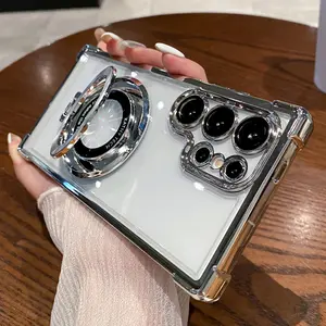 Four Corners Anti Drop Transparent Electroplated Magnetic Stand Protective Case For Samsung Galaxy S25 S24 S23 S22 Ultra Plus FE galaxy s25 s24 s23 s22