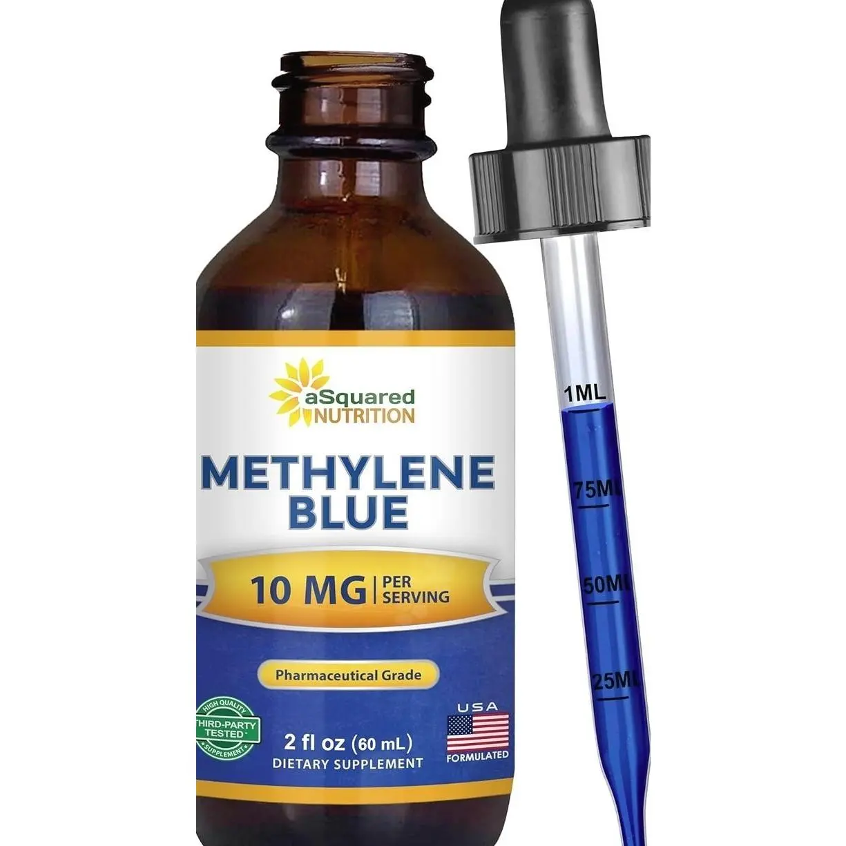 aSquared Nutrition Methylene Blue Drops - 1% Pharmaceutical Grade Liquid Supplement for Humans - 10mg USP Grade w/Vitamin C - No Formaldehyde - Brain & Energy Alternative to Capsules (2 fl oz)