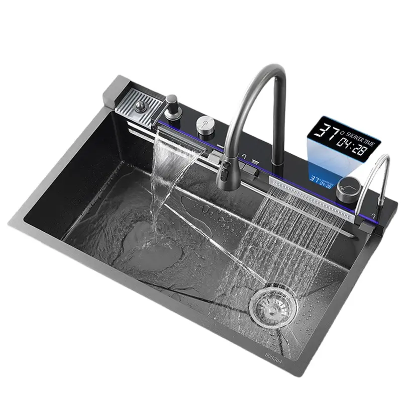 304 Stainless Steel Large Single-Slot Waterfall Kitchen Sink Set with Integrated Digital Display Faucet, Soap Dispenser, Cup Washer, Double Rail - Integrated Unit for Homes & Hotels, Wash & Clean