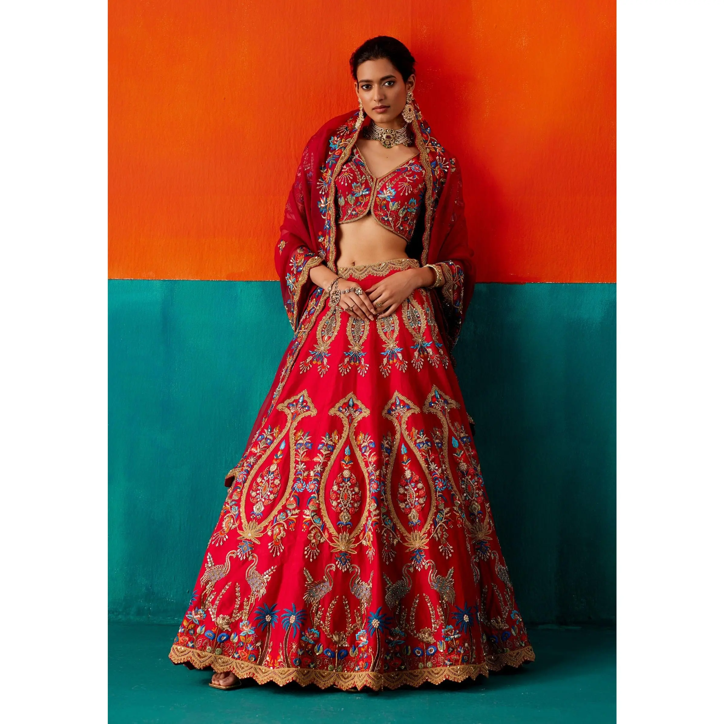 Blood red gold embroidered lehenga set