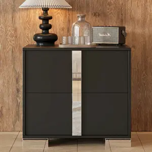 [Bellemave]Elegant Nightstand with Metal Foot, Mirrored Bedside Table with 2 Drawers for Bedroom, Living Room, Black