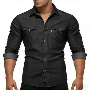 Mens Black Denim Shirt Long Sleeve Casual Button Down Shirt Slim Fit Cotton Blend Workwear Style Lightweight Streetwear Western Inspired Everyday Fashion Top for Men Pockets Fabric