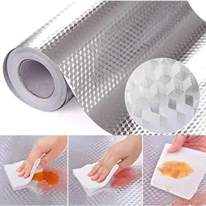 Kitchen Wallpaper Oil Proof Sticker Aluminum Foil Backsplash Self-Adhesive Contact Paper Cabinet Liner Waterproof Heat Resistant Peel Stick Wallpaper 15.7X118 Inches Cube Texture Silver Non-Woven
