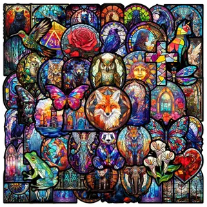 Decorative stickers Vintage Gothic Stained Glass Pattern Car Stickers, 50pcs/set Animal & Flower Pattern Waterproof Car Stickers, Self-adhesive DIY Decorative Stickers for Car & Laptop & Phone