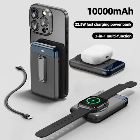BiLOLLY Magnetic Wireless Power Bank 10000mAh Portable, Mag-Safe 22.5W PD Fast Charging, with 3-in-1 Kickstand & USB-C Cable, LED Display, Universal for iPhone 16/15/14/12/11 Pro Max Mini & Other Smartphones