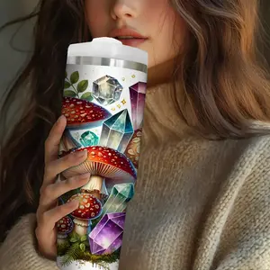 30 Oz Insulated Stainless Steel Water Cup with Lid & Straw, Colorful Diamond Mushroom Print Design, Perfect for Summer & Winter Outdoor Travel, Tumbler