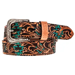 Hooey “Sundown” Aztec Filigree Tooled Leather Belt – Tan/Turquoise, 1.5"