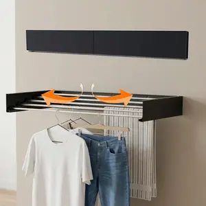 Wall Mounted Clothes Drying Rack 32", Foldable Wall Mount Laundry Rack Folding Indoor, Hidden Space Saver with Wall Template, 5 Rods, Black (BO )