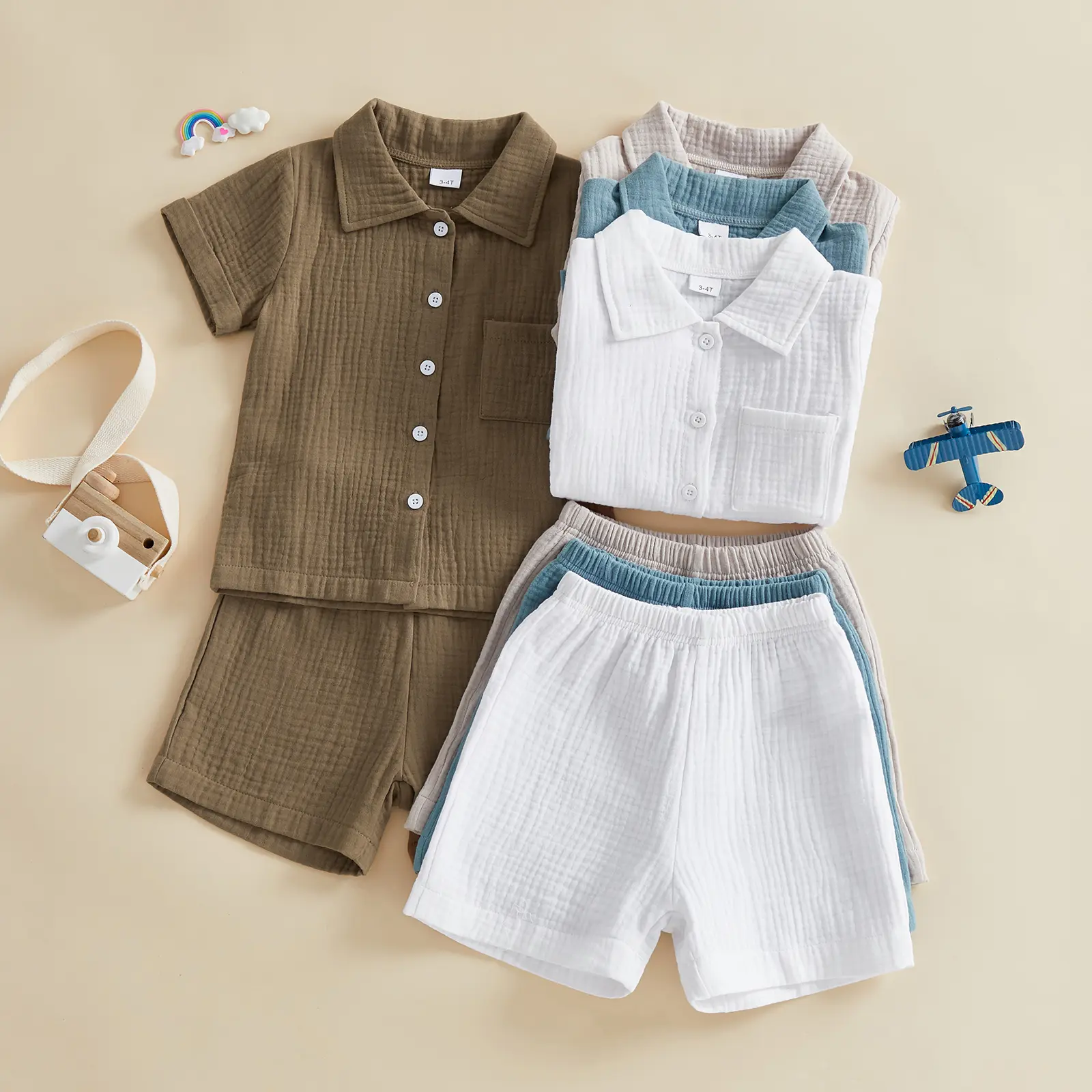 Babamoon Kids Baby Boys 2pcs Outfits Set Summer Solid Color Short Sleeve Turn Down Collar Tops and Shorts Cotton Linen Clothing Set 0-4 Years
