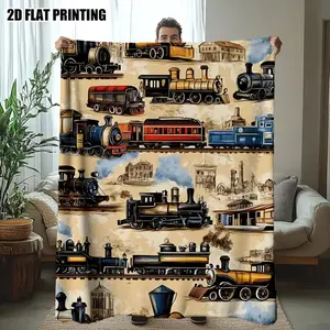 1pc Ultra-Soft Vintage Train Parade Print Flannel Throw Blanket - Cozy Twin Size Sofa Blanket for Bed, Couch, Chair, Office, and Camping - Perfect Holiday Gift for Four Seasons