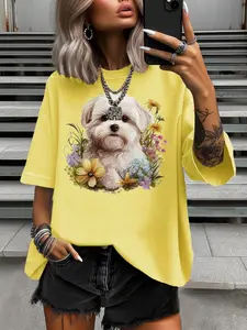 Summer Fashion Women's T-Shirt Original Design Watercolor Floral Maltese Women's Casual Soft Round Neck Short Sleeve Top