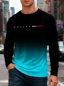 Gradient Color Full Print Men's Casual Long Sleeve T-Shirt With BOSTON Letters Print Pattern - Black to Turquoise & Black to Orange & Black to Grey Soft Everyday Casual Top for Formal &  Valentine's Day OR Holiday Gift Outfits-Machine Washable Tee