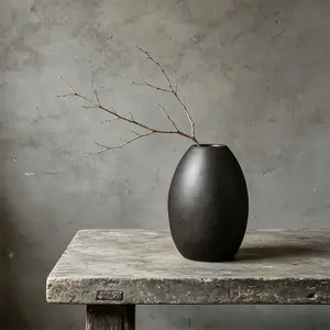 Black Ceramic Vase, Small Rustic Pottery Flower Vase, Matte Black Vase for Dried Flowers, Minimalist Oval Bud Vase, Tabletop Decorative Vase for Home Living Room Office, Modern Farmhouse Decor Vase, Small Decorative Vase
