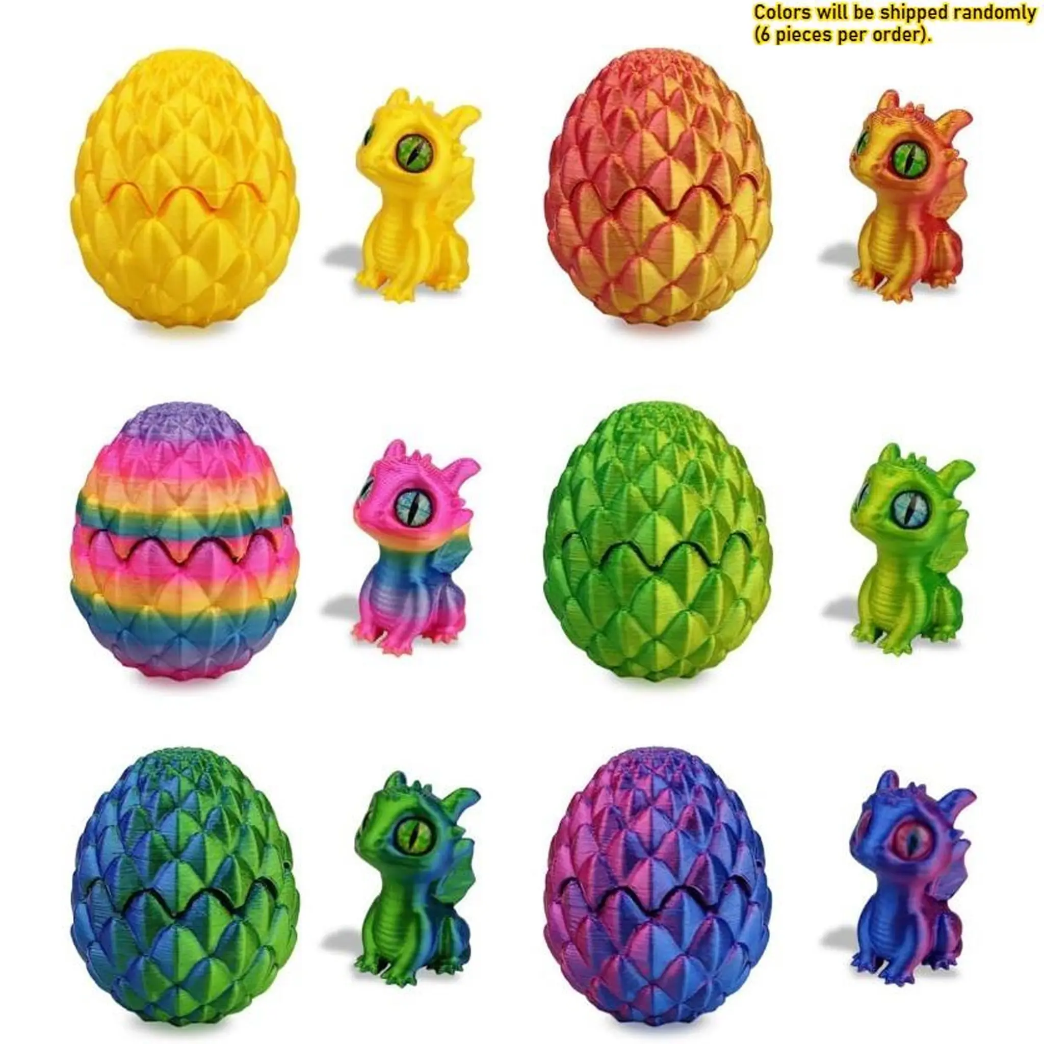 6 Pack 3D Printed Dragon Eggs, Pre-filled Easter Eggs with Surprise Toys Inside, Random Surprise Set, Mini Hatching Dragon Figurines Stress Relief Toy for Kids Easter Basket Stuffers Party Favors, Surprise Eggs Capsules