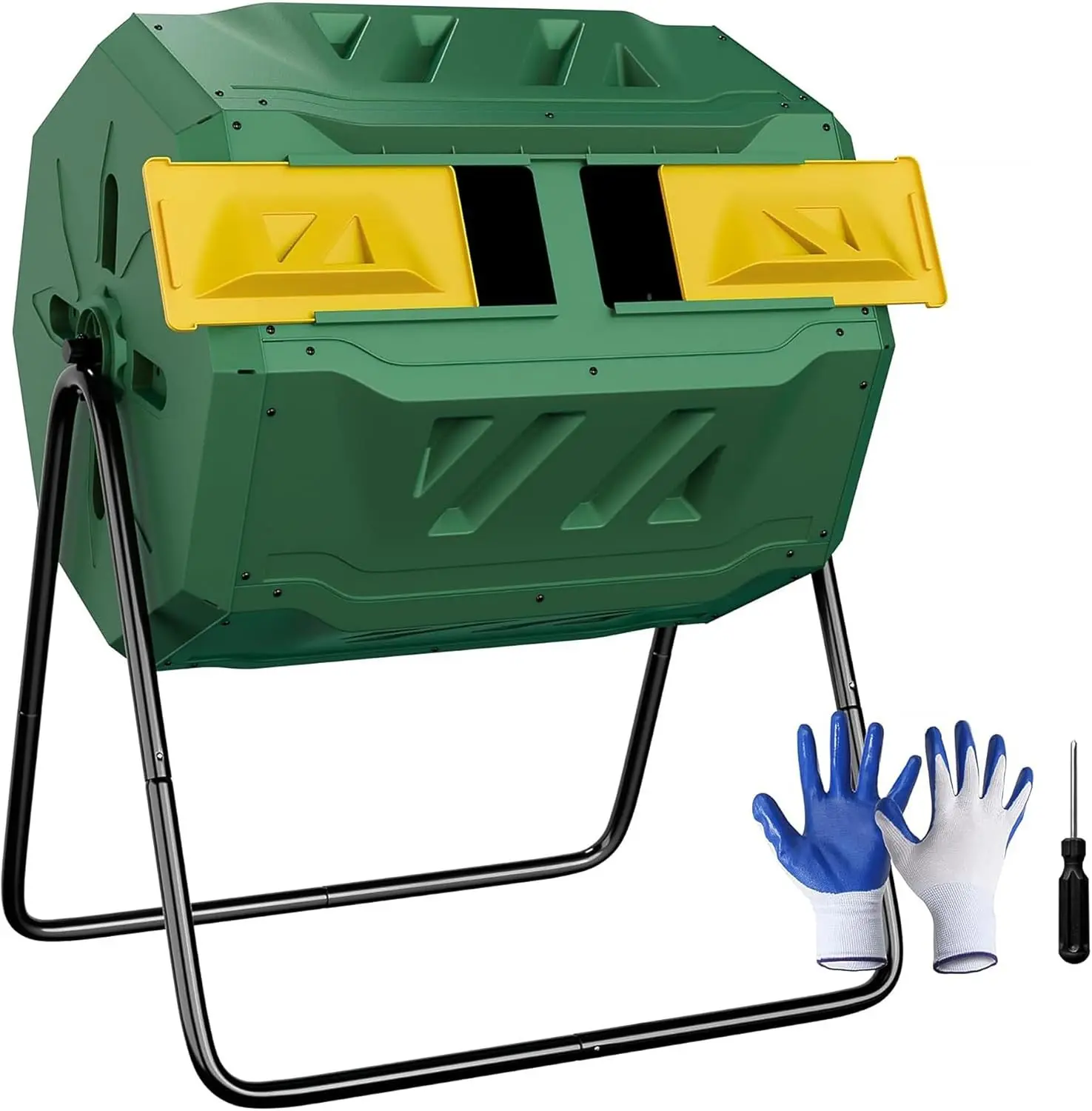 43 Gallon Large Dual Chamber Composting Tumbler Outdoor Garden Rotating Compost Bin Tumbling Composter with Sliding Door, Green
